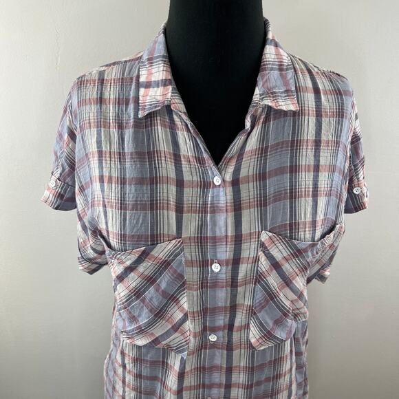 NWT ANTHROPOLOGIE Cloth & Stone Purple Plaid Short Sleeve Tie Button Up Shirt M - Picture 2 of 10